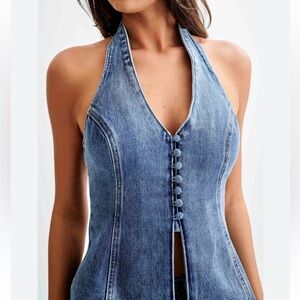 Meshki India Denim Halter Top, Size Medium